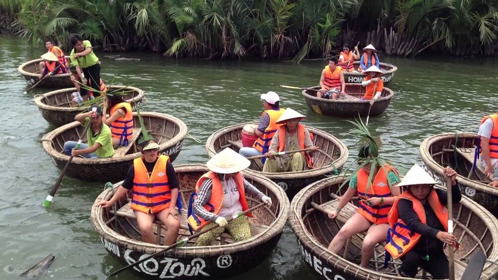 Many basket boats on Thu Bon River in Vietnam