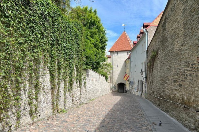 Eine gepflasterte Straße, begrenzt von Steinmauern und einem Gebäude mit roten Ziegeln. 2