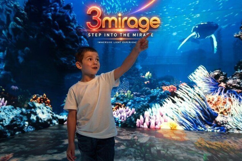 A child pointing at an aquarium exhibit with marine life and the text '3mirage Step into the Mirae'. 1