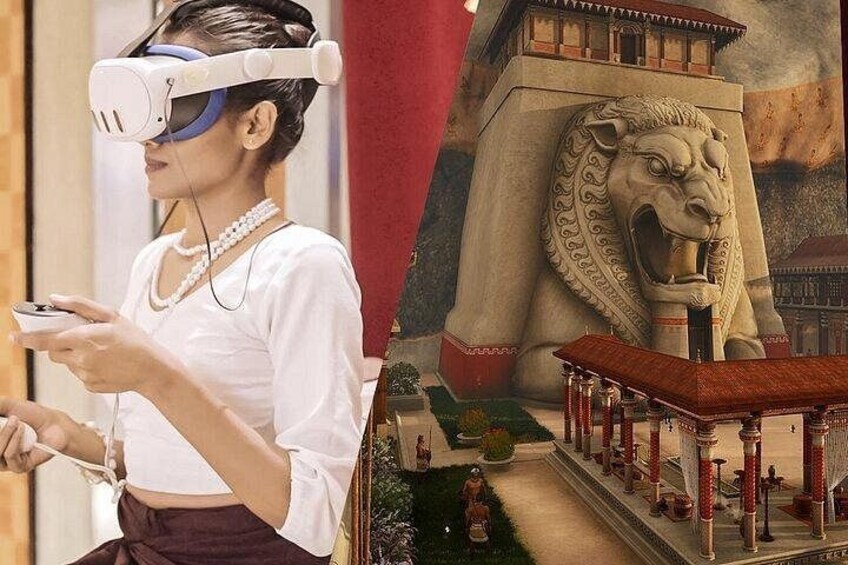 A person wearing a VR headset, a lion statue, and traditional architecture. 3