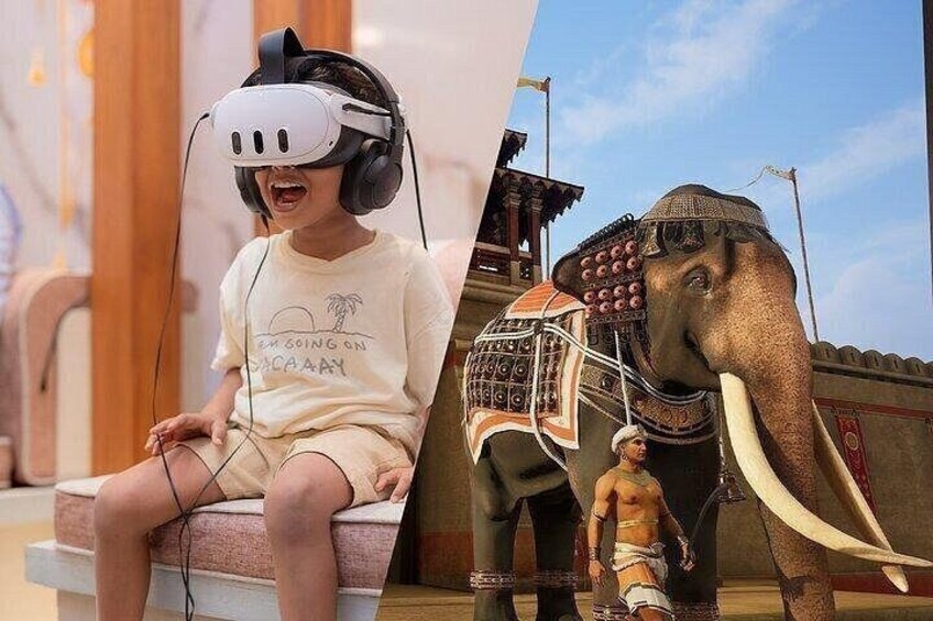 A child with a VR headset, an elephant with a rider, and a traditional Indian building. 1