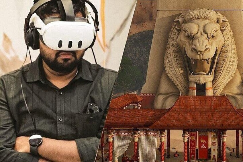 A person wearing a VR headset, a lion statue, and a traditional building. 2