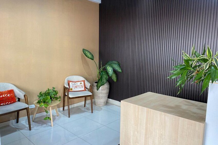 A modern living room with a sofa, a chair, a small table, and two large potted plants. 2