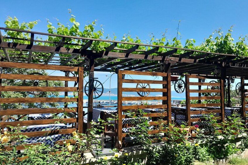 Une pergola en bois, ornée de plantes grimpantes, avec une structure en forme de roue et une vue sur la mer. 2