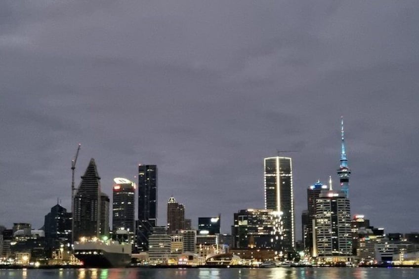 A city skyline with illuminated buildings and a prominent tower. 4