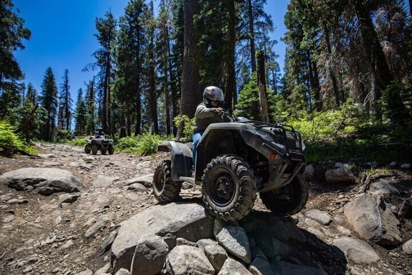 A person riding an ATV on a rocky trail in a forest. 4