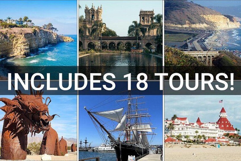 Eine Collage verschiedener Sehenswürdigkeiten, darunter eine Küstenklippe, eine historische Brücke, eine Uferstraße, eine Drachenstatue, ein Segelschiff und ein Gebäude mit roten Dächern. 1