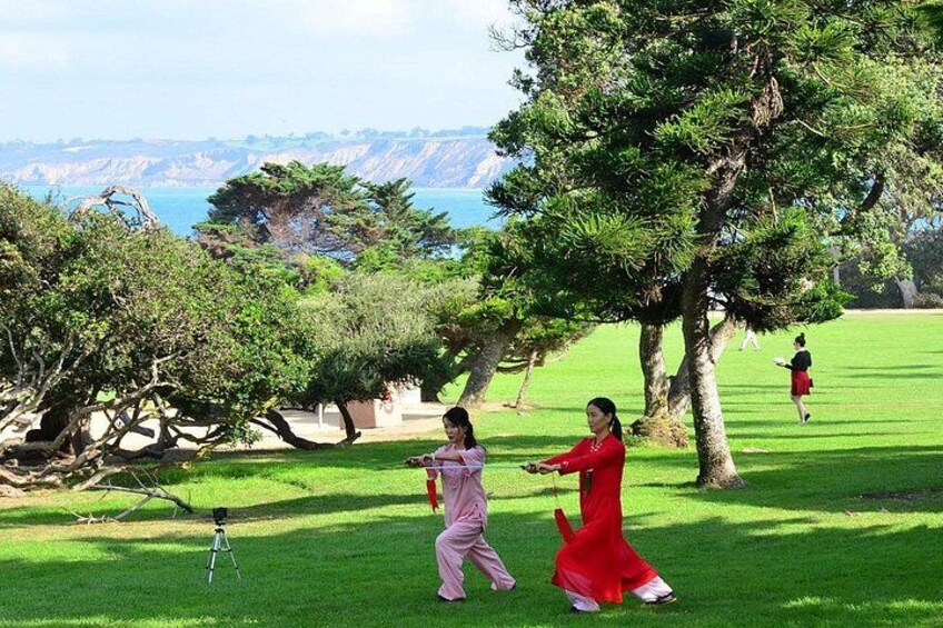 Zwei Personen üben Tai Chi in einem Park mit Bäumen und Blick auf das Meer. 3