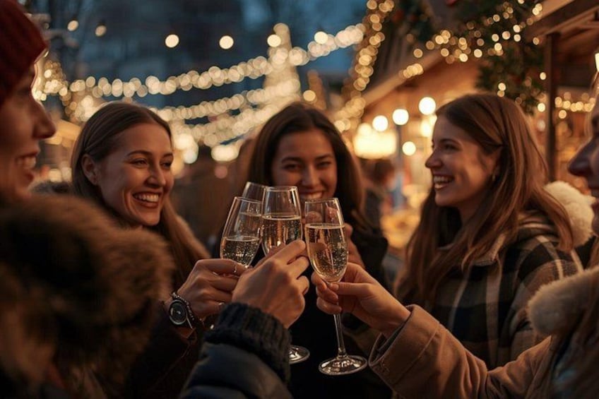 A group of people toasting with champagne glasses in a festive outdoor setting. 2