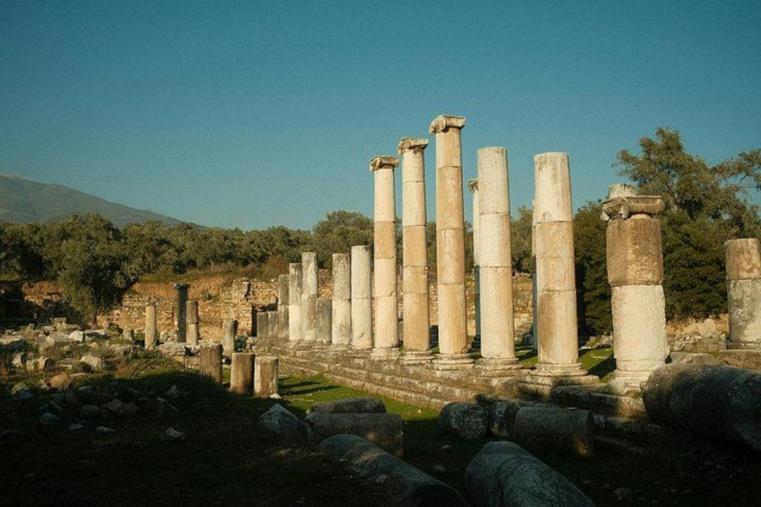 Antiguas columnas de piedra, ruinas y un telón de fondo montañoso. 2
