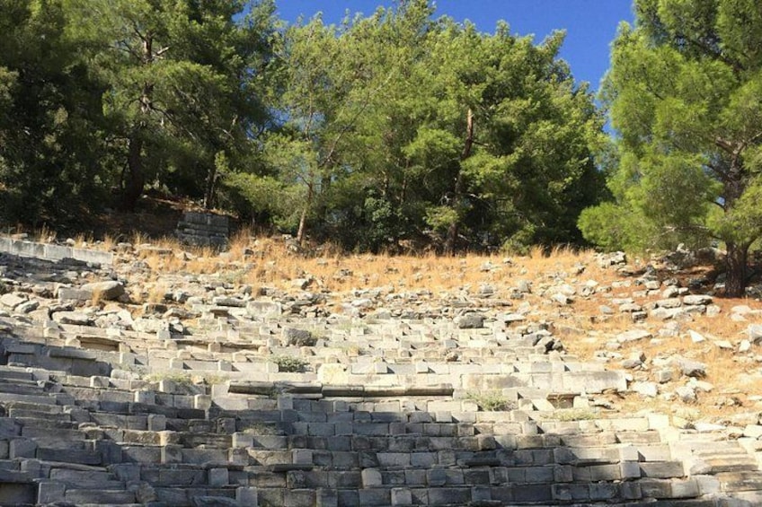 An ancient stone structure with ruins and trees in the background. 4
