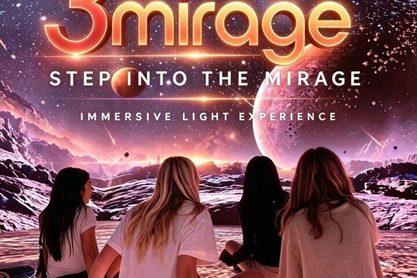 A group of people gazing at a space-themed light show with planets and stars. 3