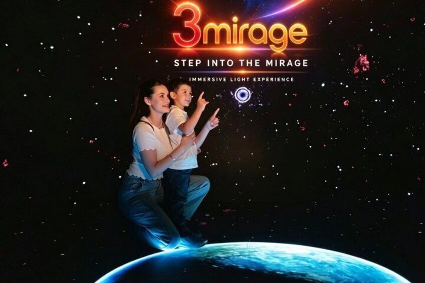A woman and child on a planet's surface with a space-themed background and the text '3mirage Step into the Mirage Immersive Light Experience'. 1