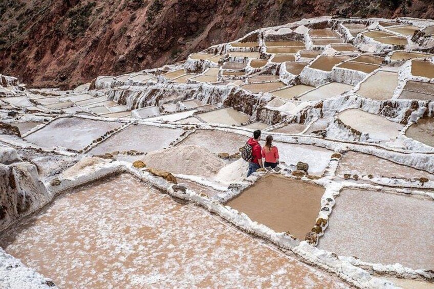 Terraced mineral pools, a person in a red jacket, and a dog. 1