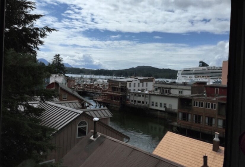 A river with buildings along its banks, a cruise ship in the distance, and mountains in the background. 3