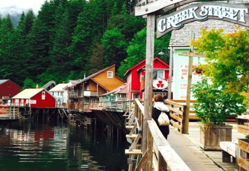 A wooden pier with a sign reading 'CREEK STREET' leading to a row of colorful buildings by a body of water. 1