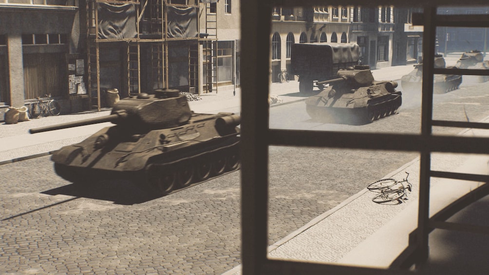 A tank in a cobblestone street with buildings in the background. 3