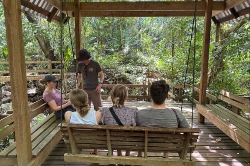 A wooden swing bridge over a forested area with people sitting on the bridge and a guide standing nearby. 4