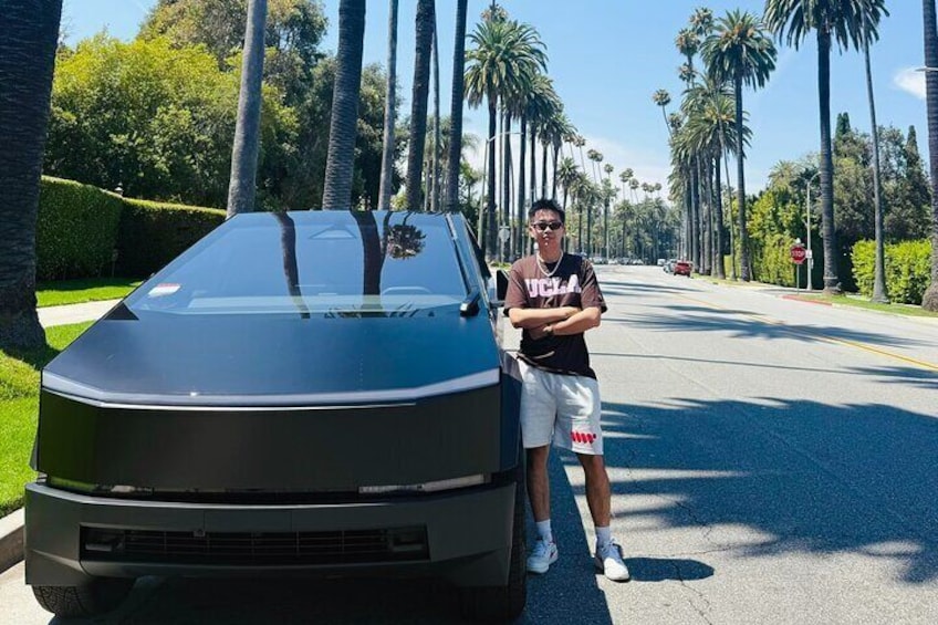 A person standing next to a black car on a street lined with palm trees. 1