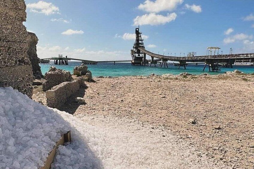 Ein Strand mit felsigem Ufer, eine große Struktur in der Ferne und ein Steg, der sich ins Wasser erstreckt. 4