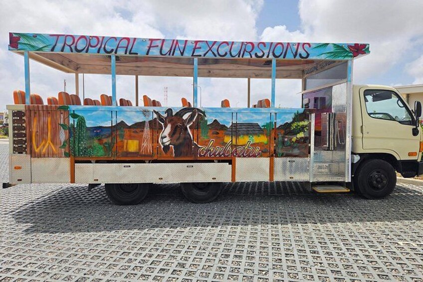 Un autobús con un mural colorido y el texto 'Tropical Fun Excursions' en la carrocería. 2
