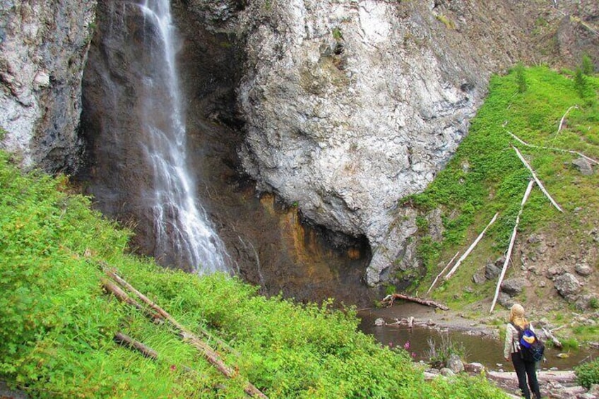 A waterfall cascading down a rocky cliff, surrounded by lush greenery and a hiker with a backpack. 1