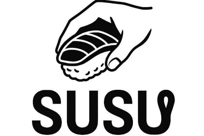 A hand holding a sushi piece with the word 'SUSU' below it. 5