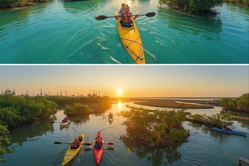 Kayakers on a calm river with clear water and a sunset in the background. 1