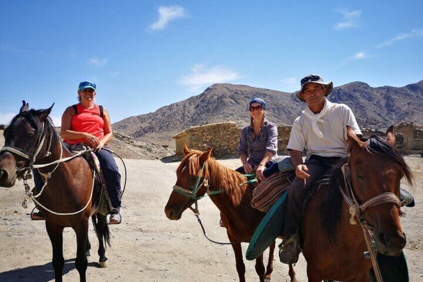 Drei Personen reiten auf Pferden durch eine Wüstenlandschaft mit Bergen im Hintergrund. 5