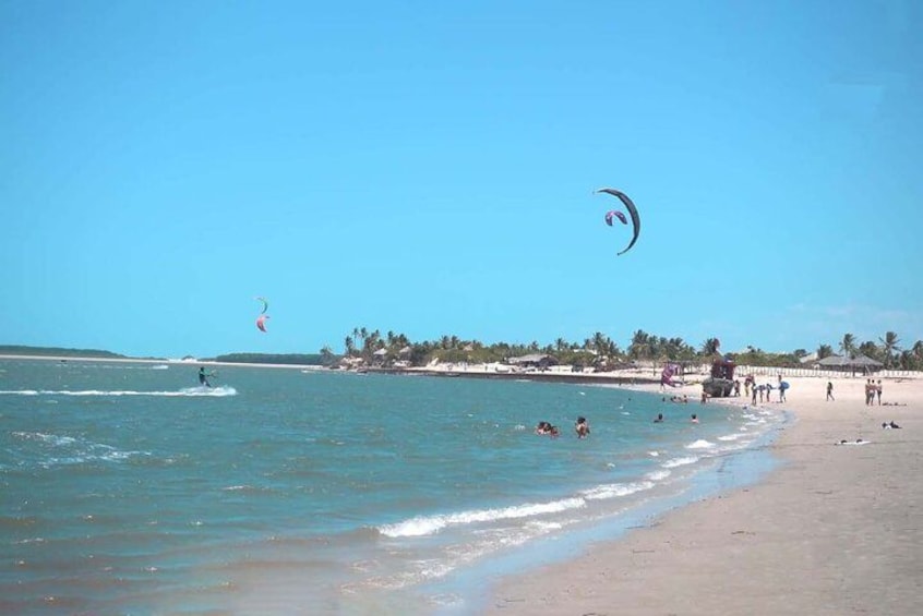 A beach with people swimming and parasailing. 3