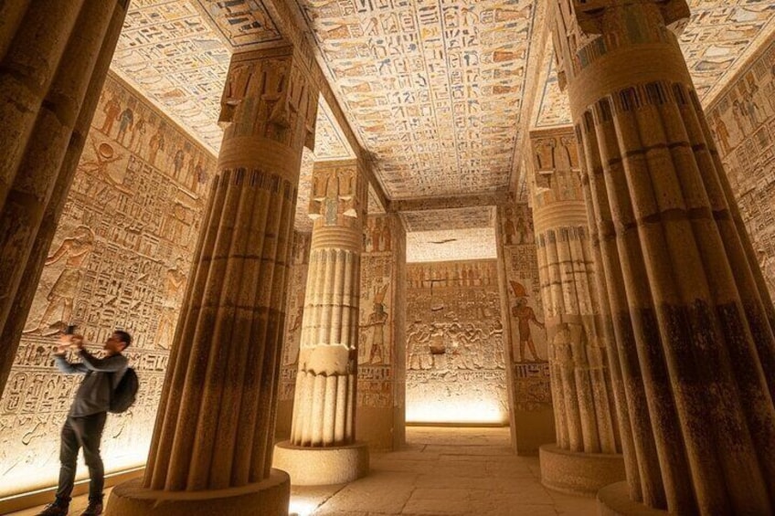 An ancient Egyptian temple interior with hieroglyphs on the walls and columns. 4