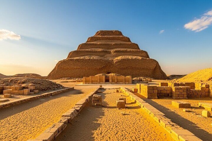 A pyramid structure with a clear sky and a pathway leading to it. 3