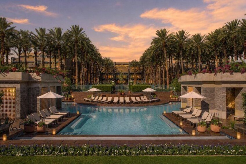 A pool surrounded by palm trees and lounge chairs. 4