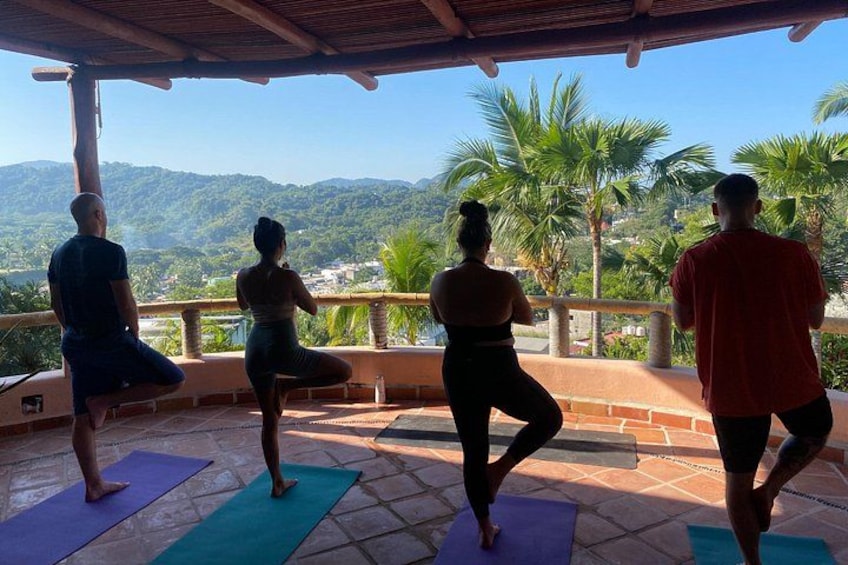 Four people practicing yoga on mats outdoors with a scenic view of mountains and palm trees. 5