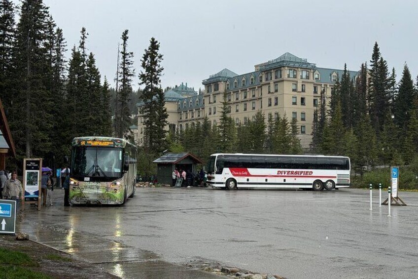 Une gare routière avec deux autobus, l’un portant l’inscription « DIVERSIFIED » et l’autre affichant un panneau indiquant son itinéraire. 2