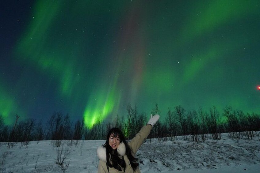 A person in a snowy field under a night sky with green aurora borealis. 3