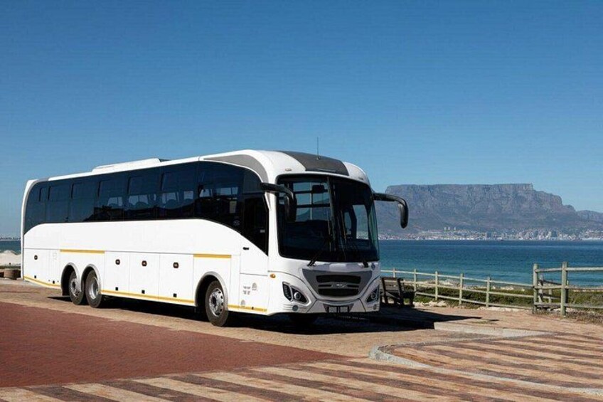 Ein weißer Bus steht auf einem befestigten Gelände vor einer Küstenlandschaft. 3