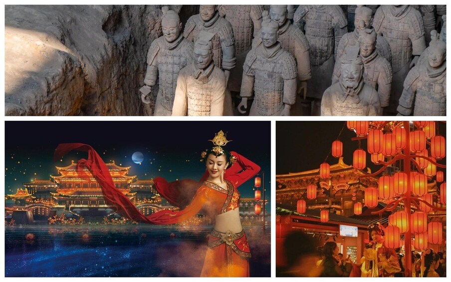 Terracotta warriors, a traditional Chinese opera performer, and a lantern-lit temple. 1
