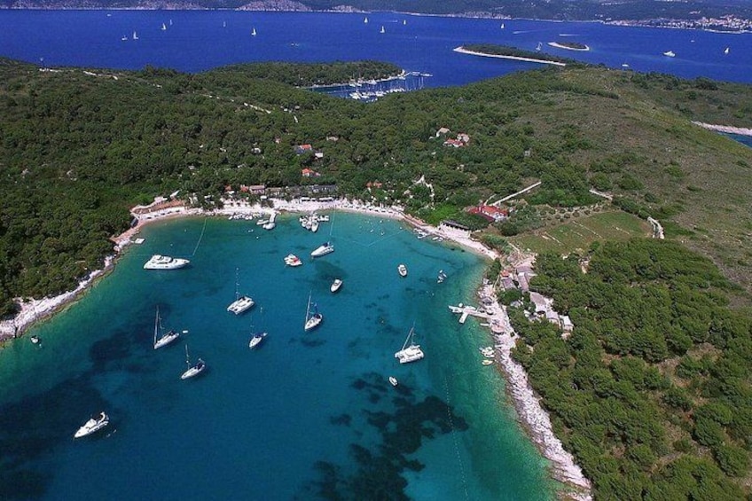 Zona costera con una bahía, barcos y un paisaje boscoso. 2