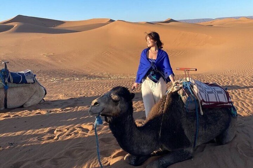 A person with a camel in a desert. 1