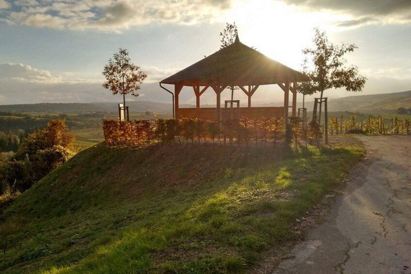 A gazebo on a hill with a road leading up to it. 3