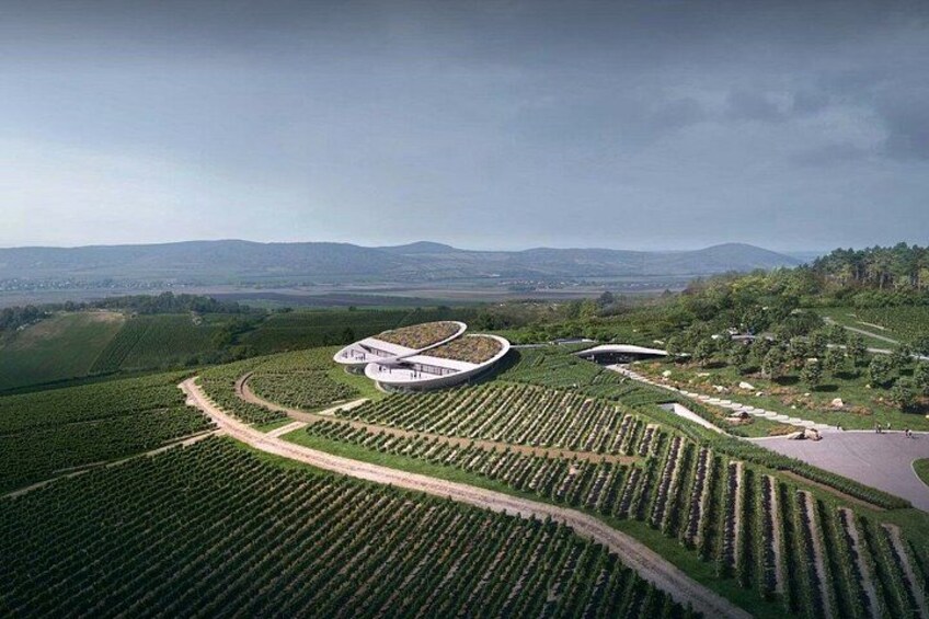 A modern architectural structure amidst agricultural fields with a mountainous backdrop. 2