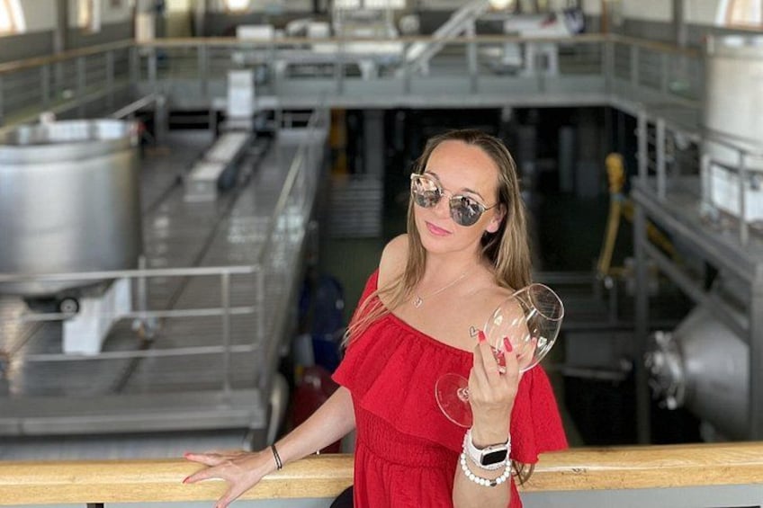 A person in a red dress holding a wine glass, standing in a facility with industrial equipment and metal structures. 1