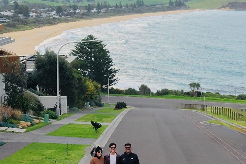 A coastal road with a beach, houses, and greenery. 2
