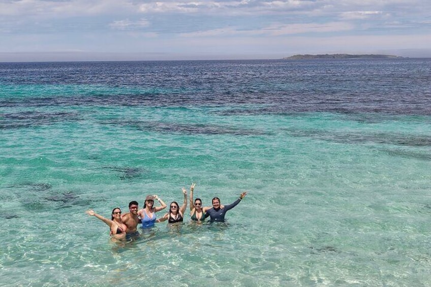 A group of people in clear turquoise water, with a distant island visible on the horizon. 5