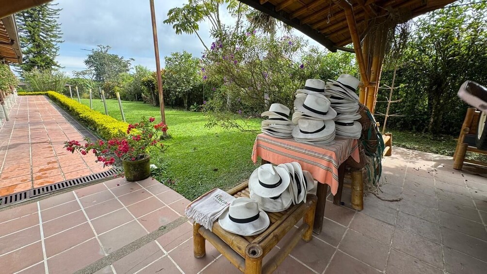 Un jardín con un camino empedrado, un banco de madera y una mesa con sombreros. 2