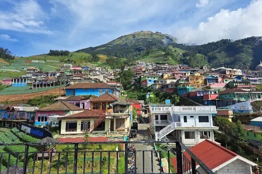 Un pueblo en una colina con casas coloridas y un edificio blanco destacado en el centro. 1