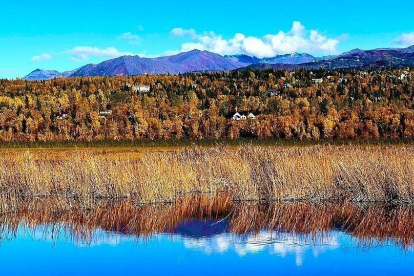 Ein See mit Spiegelungen, Herbstbäumen und Bergen im Hintergrund. 5
