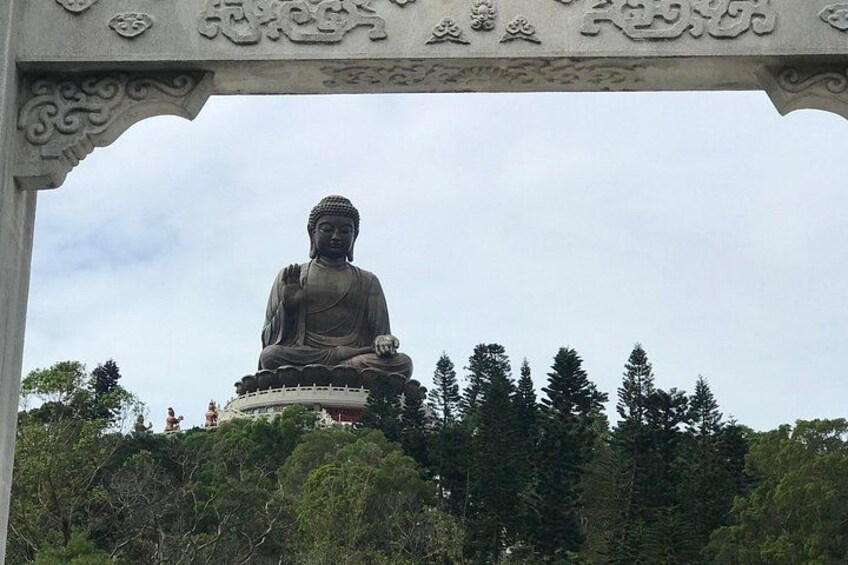 A large seated Buddha statue under a decorative archway, surrounded by trees. 5