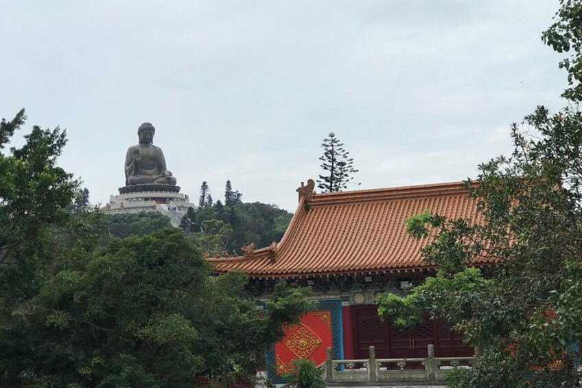 A large Buddha statue, traditional Chinese architecture, and lush greenery. 4